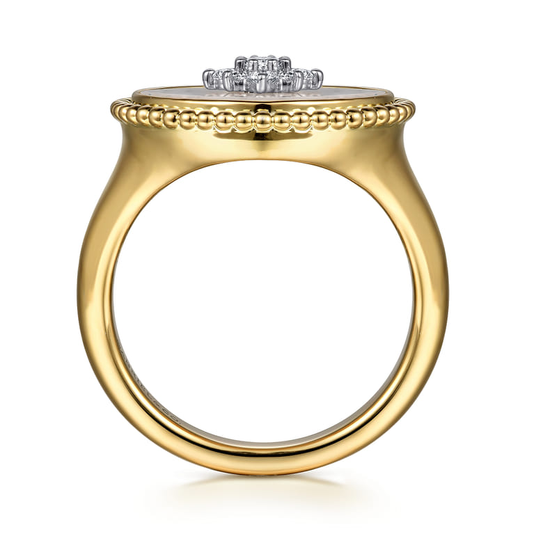 14K Yellow Gold Bujukan Mother of Pearl Inlay and Diamond Starburst Signet Ring - 0.17 ct - Shot 2