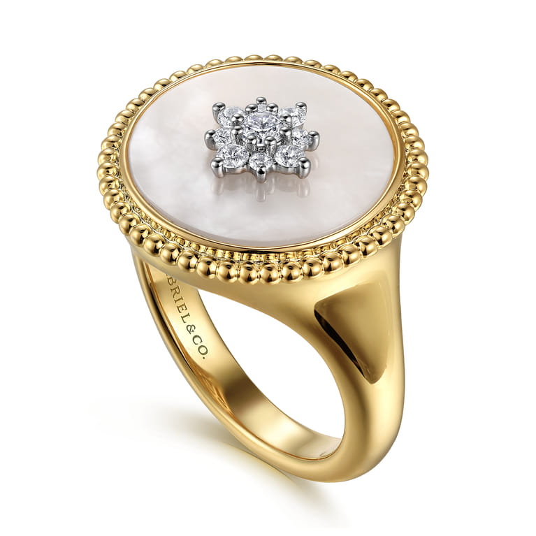 14K Yellow Gold Bujukan Mother of Pearl Inlay and Diamond Starburst Signet Ring - 0.17 ct - Shot 3