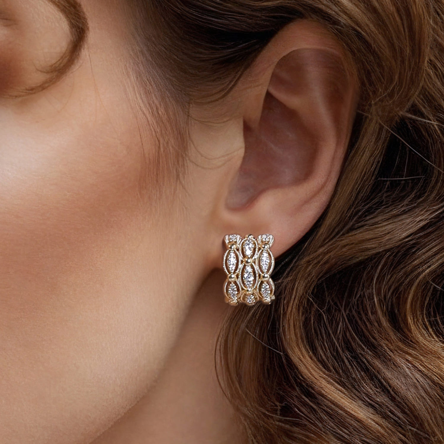 14K Yellow Gold Bujukan Multi Row Diamond Huggie Earrings - 0.5 ct - Shot 2
