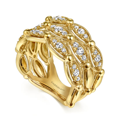 14K Yellow Gold Bujukan Multi Row Diamond Wide Band Ring