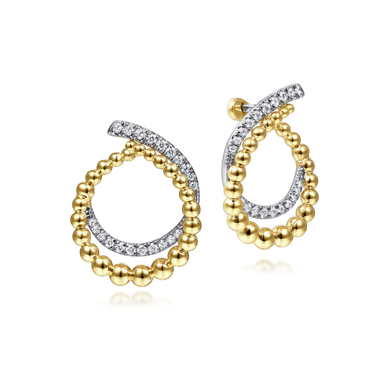 14K Yellow Gold Bujukan Open Double Row Ball and Diamond Bypass Hoop Earrings - 0.35 ct - Shot 1
