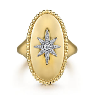 14K Yellow Gold Bujukan Oval Diamond Starburst Signet Ring