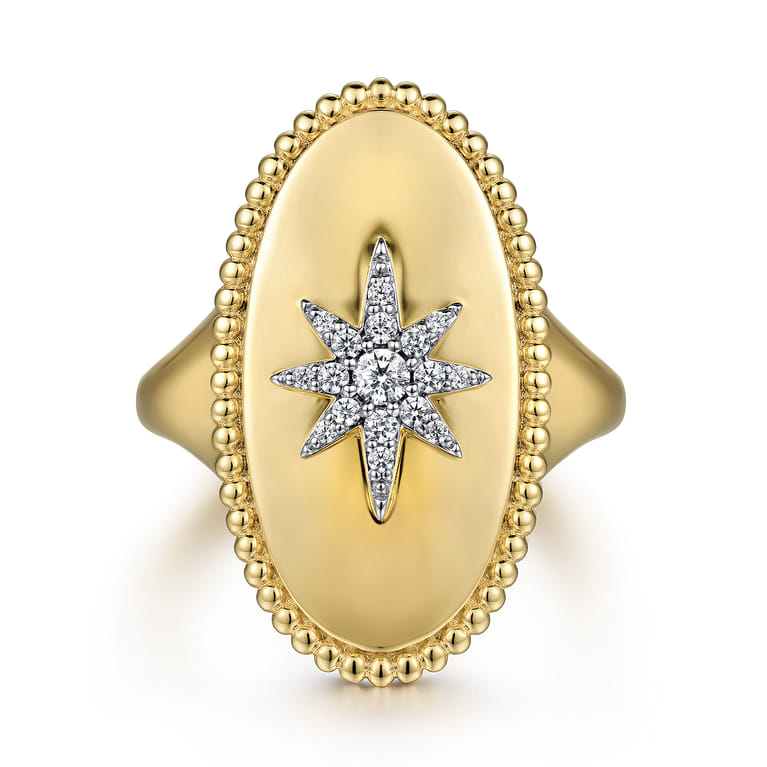 14K Yellow Gold Bujukan Oval Diamond Starburst Signet Ring - 0.13 ct - Shot 1