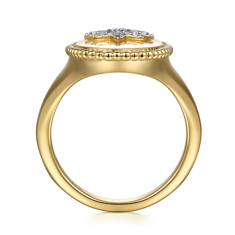 14K Yellow Gold Bujukan Oval Diamond Starburst Signet Ring - 0.13 ct - Shot 2