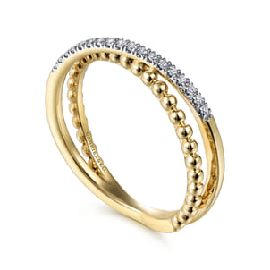 14K Yellow Gold Bujukan Pave Diamond Criss Cross Stackable Ring