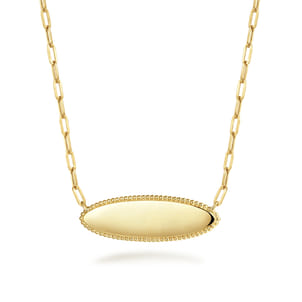 14K Yellow Gold Bujukan Personalized Elongated Oval Pendant Necklace with Hollow Paperclip Chain