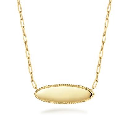 14K Yellow Gold Bujukan Personalized Elongated Oval Pendant Necklace with Hollow Paperclip Chain