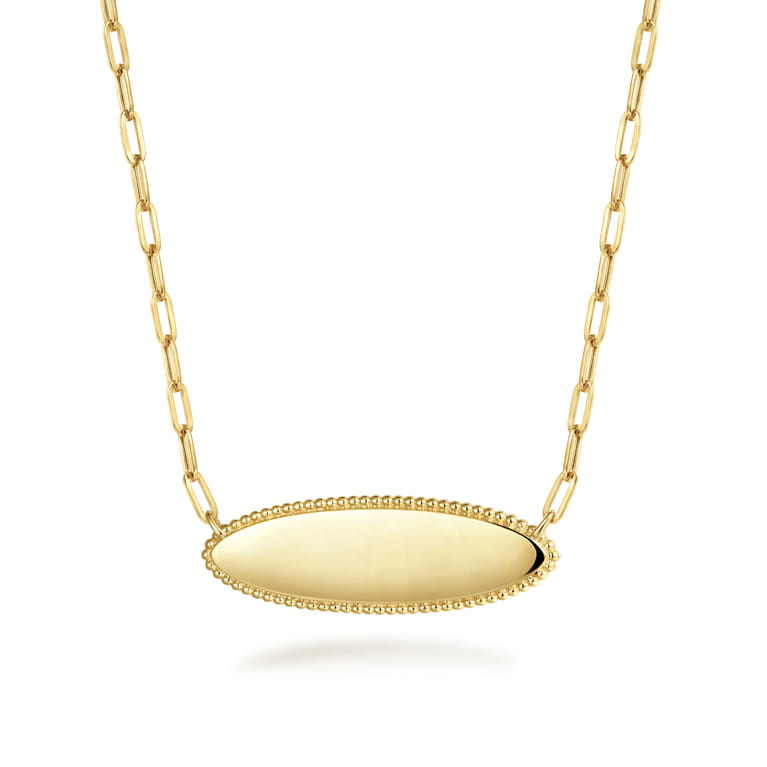 14K Yellow Gold Bujukan Personalized Elongated Oval Pendant Necklace with Hollow Paperclip Chain - Shot 1
