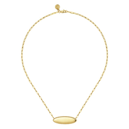 14K Yellow Gold Bujukan Personalized Elongated Oval Pendant Necklace with Hollow Paperclip Chain