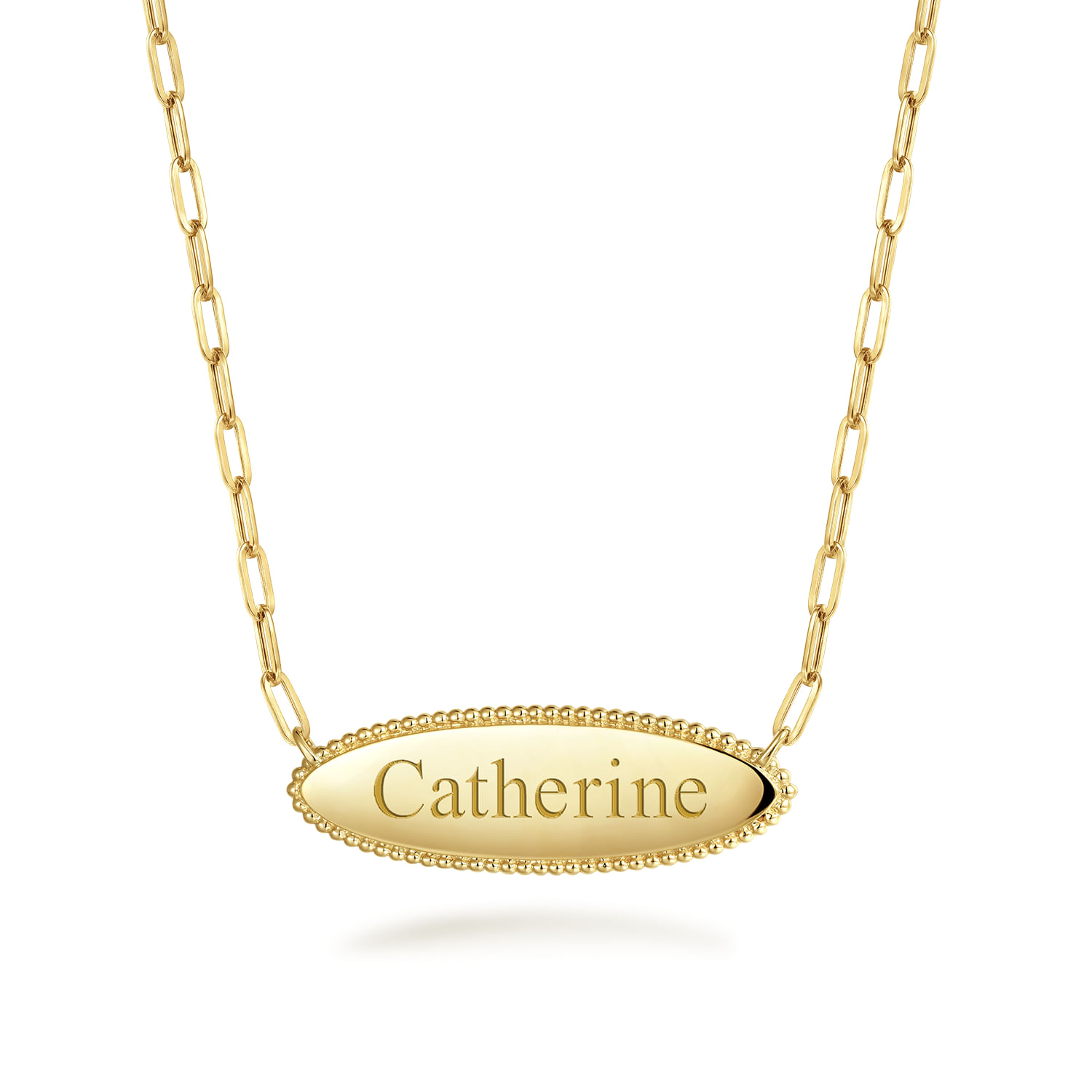 14K Yellow Gold Bujukan Personalized Elongated Oval Pendant Necklace with Hollow Paperclip Chain