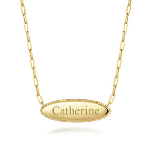 14K Yellow Gold Bujukan Personalized Elongated Oval Pendant Necklace with Hollow Paperclip Chain