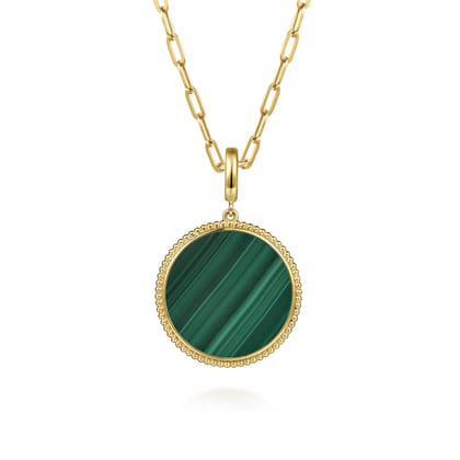 14K Yellow Gold Bujukan Round Malachite Medallion Pendant With Detachable Bail