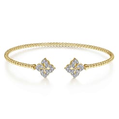 14K Yellow Gold Bujukan Split Cuff Bracelet with Diamond Flower Caps