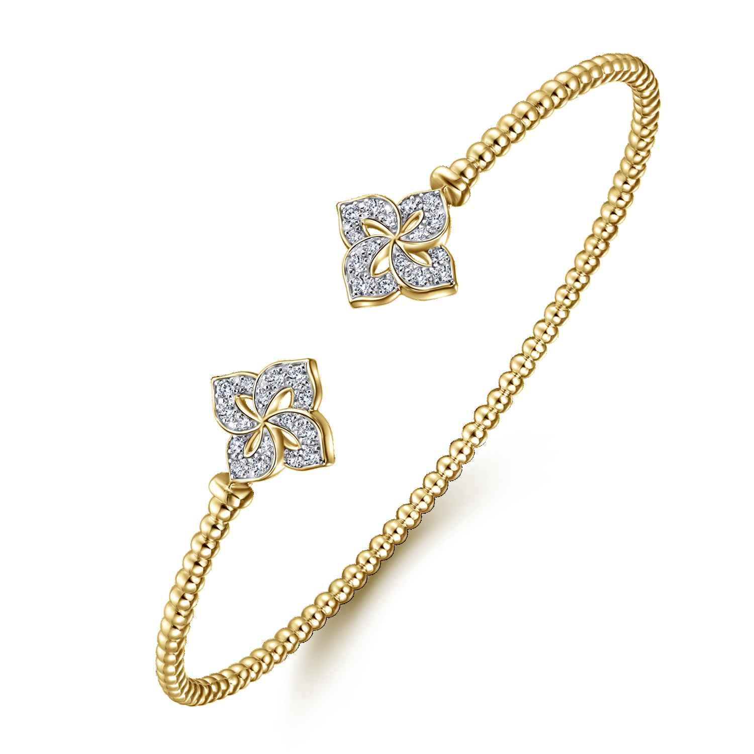 14K Yellow Gold Bujukan Split Cuff Bracelet with Diamond Flower Caps - 0.21 ct - Shot 2