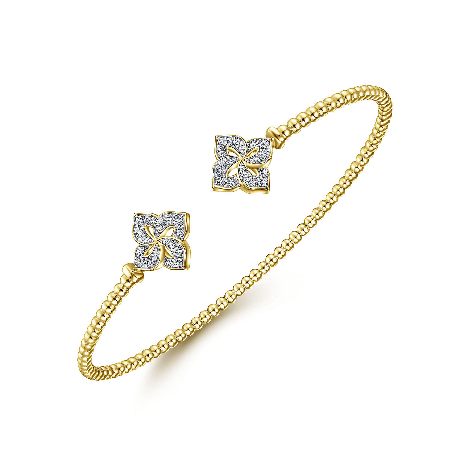 14K Yellow Gold Bujukan Split Cuff Bracelet with Diamond Flower Caps - 0.23 ct - Shot 2
