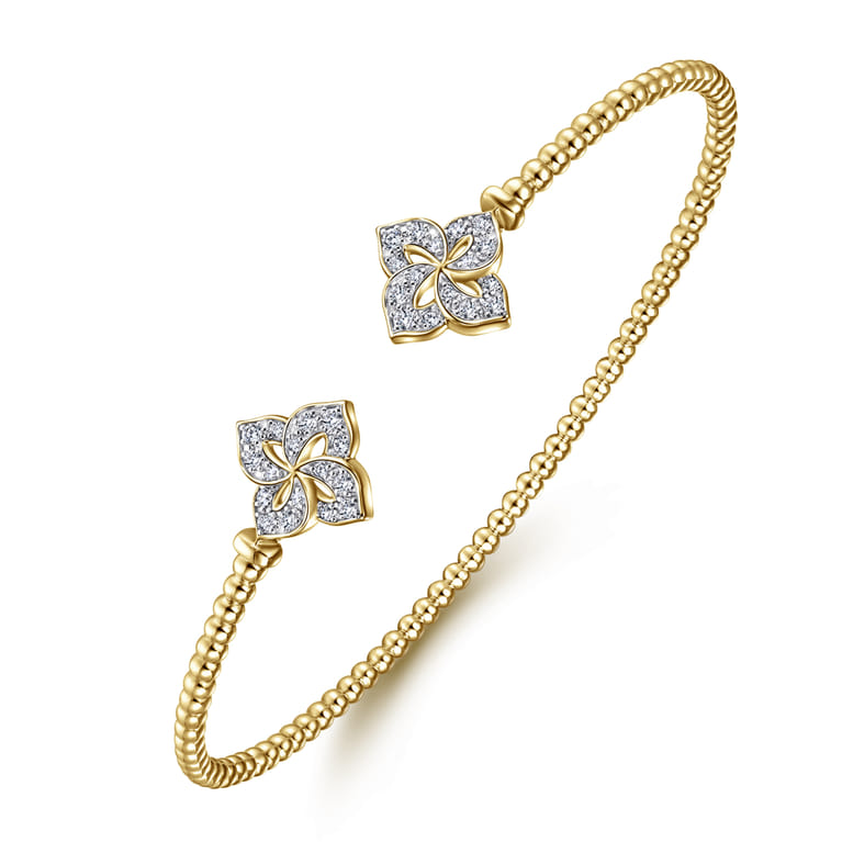 14K Yellow Gold Bujukan Split Cuff Bracelet with Diamond Flower Caps - 0.23 ct - Shot 2