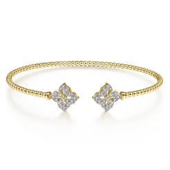 14K Yellow Gold Bujukan Split Cuff Bracelet with Diamond Flower Caps