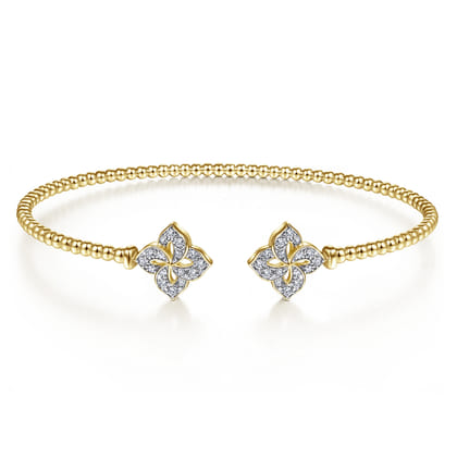 14K Yellow Gold Bujukan Split Cuff Bracelet with Diamond Flower Caps
