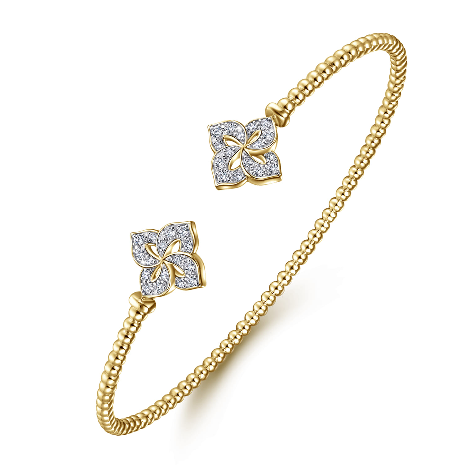 14K Yellow Gold Bujukan Split Cuff Bracelet with Diamond Flower Caps - 0.23 ct - Shot 2