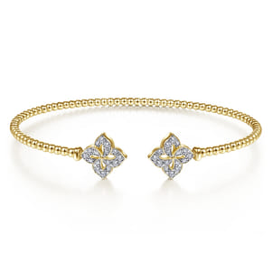 14K Yellow Gold Bujukan Split Cuff Bracelet with Diamond Flower Caps