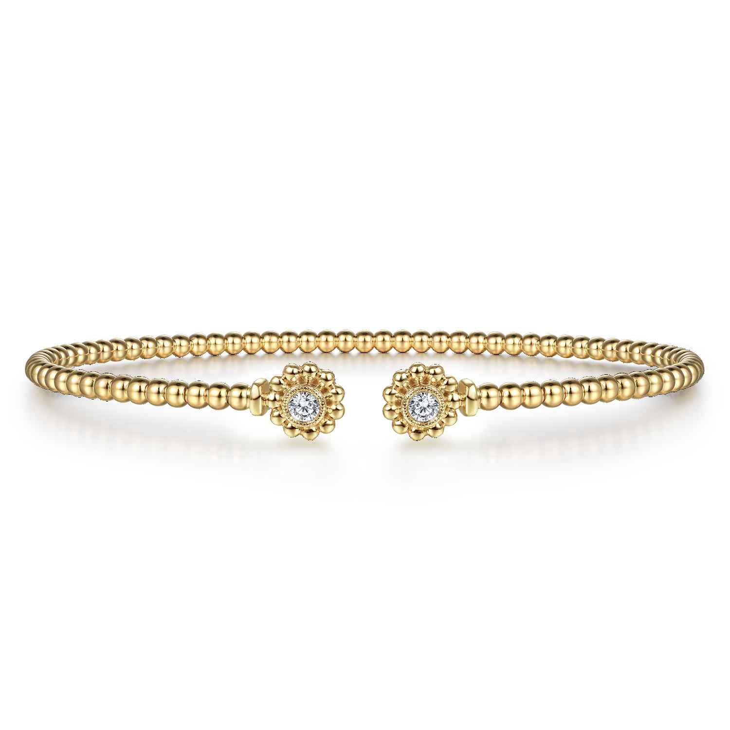 14K Yellow Gold Bujukan Split Cuff Bracelet with Diamond Flower Caps - 0.09 ct - Shot 1