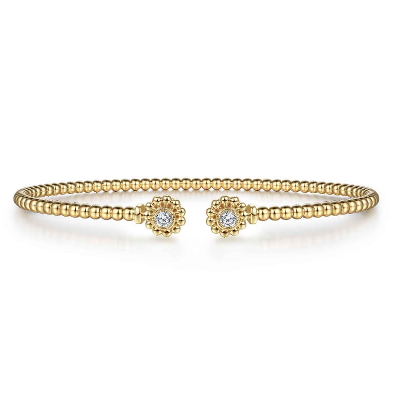 14K Yellow Gold Bujukan Split Cuff Bracelet with Diamond Flower Caps - 0.09 ct - Shot 1