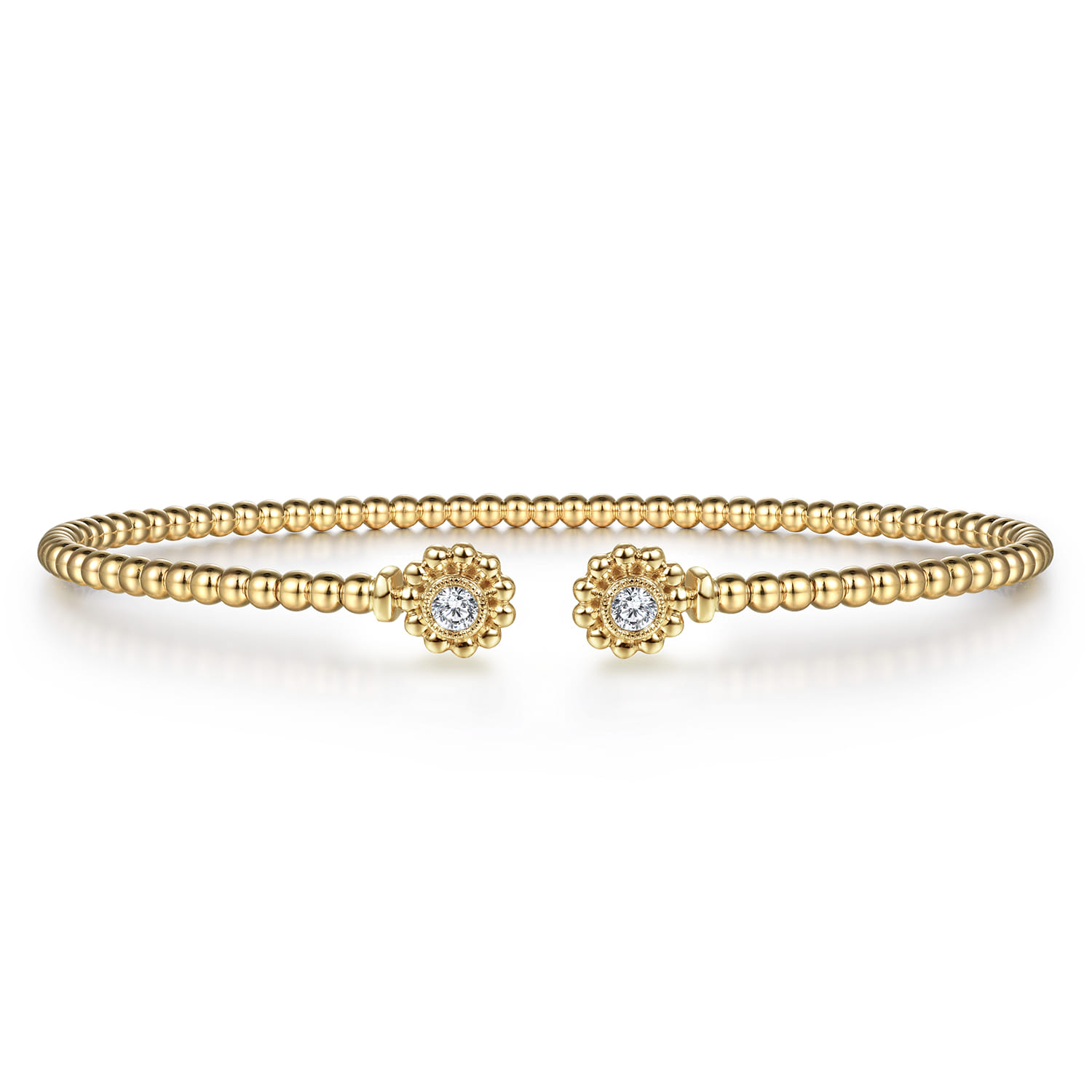 14K Yellow Gold Bujukan Split Cuff Bracelet with Diamond Flower Caps - 0.09 ct - Shot 1
