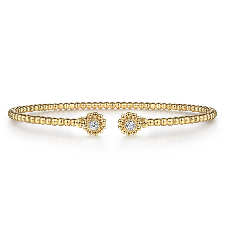 14K Yellow Gold Bujukan Split Cuff Bracelet with Diamond Flower Caps - 0.09 ct - Shot 1