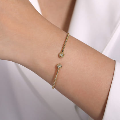 14K Yellow Gold Bujukan Split Cuff Bracelet with Diamond Flower Caps