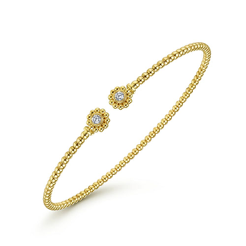14K Yellow Gold Bujukan Split Cuff Bracelet with Diamond Flower Caps - 0.09 ct - Shot 2
