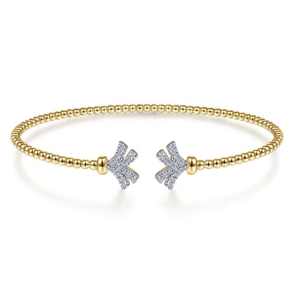 14K Yellow Gold Bujukan Split Cuff Bracelet with Diamond Pav¿ª Fan Caps