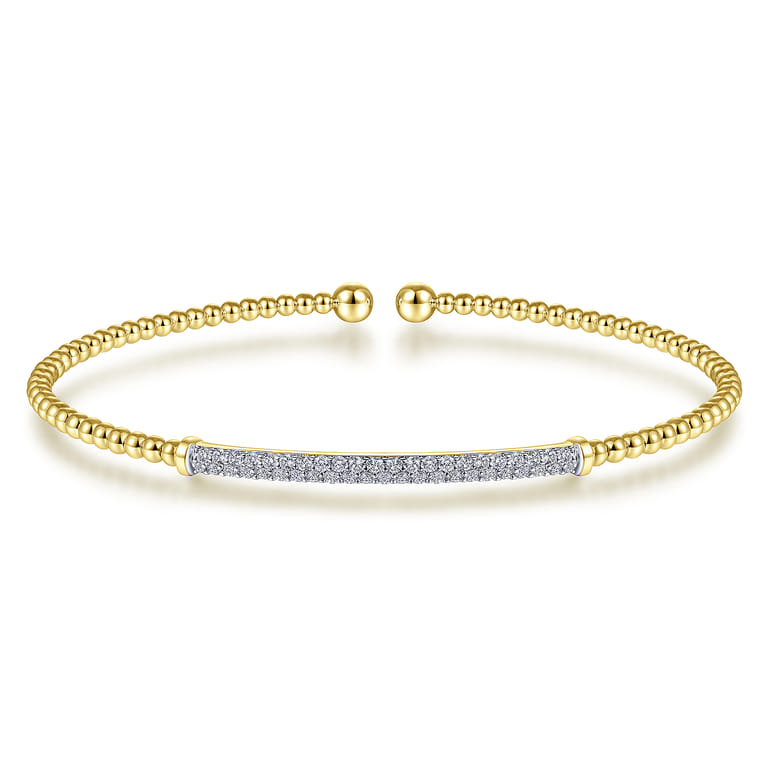 14K Yellow Gold Bujukan Split Cuff Bracelet with Diamond Pave Bar - 0.3 ct - Shot 1