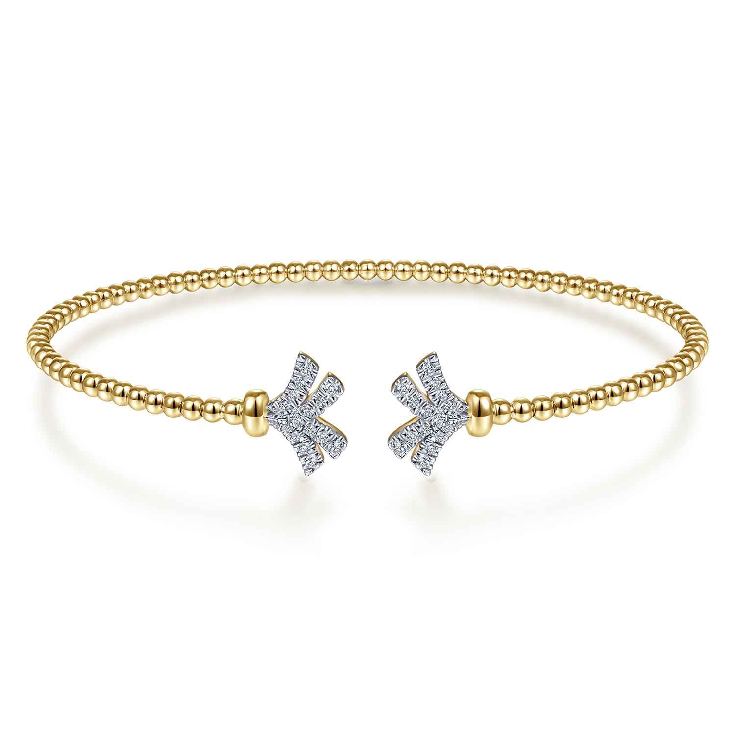 14K Yellow Gold Bujukan Split Cuff Bracelet with Diamond Pave Fan Caps - 0.18 ct - Shot 1
