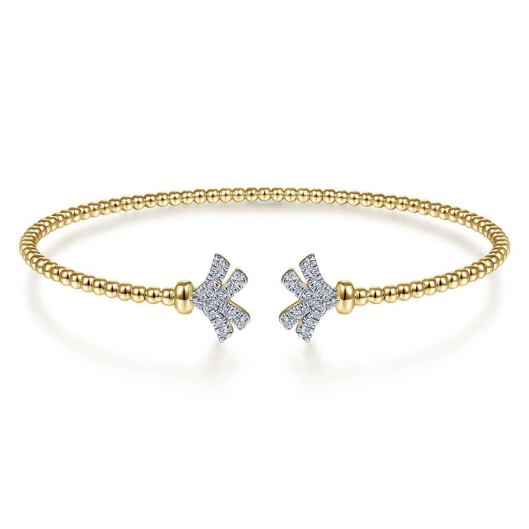 14K Yellow Gold Bujukan Split Cuff Bracelet with Diamond Pave Fan Caps - 0.18 ct - Shot 1