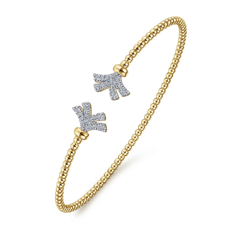 14K Yellow Gold Bujukan Split Cuff Bracelet with Diamond Pave Fan Caps - 0.18 ct - Shot 2