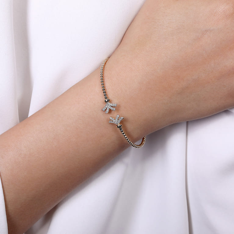 14K Yellow Gold Bujukan Split Cuff Bracelet with Diamond Pave Fan Caps - 0.18 ct - Shot 4