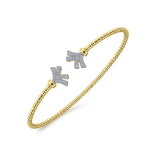 14K Yellow Gold Bujukan Split Cuff Bracelet with Diamond Pave Fan Caps - 0.2 ct - Shot 2