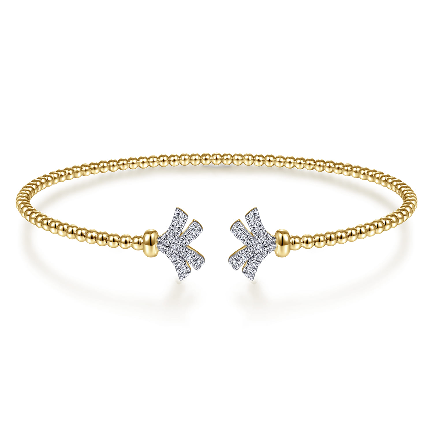 14K Yellow Gold Bujukan Split Cuff Bracelet with Diamond Pave Fan Caps - 0.2 ct - Shot 1