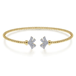 14K Yellow Gold Bujukan Split Cuff Bracelet with Diamond Pave Fan Caps