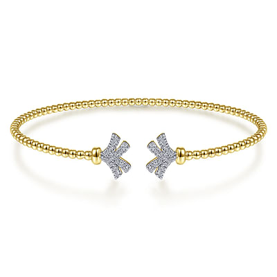 14K Yellow Gold Bujukan Split Cuff Bracelet with Diamond Pave Fan Caps