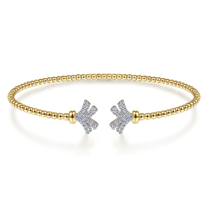 14K Yellow Gold Bujukan Split Cuff Bracelet with Diamond Pave Fan Caps