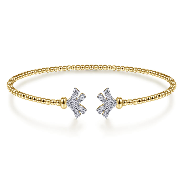 14K Yellow Gold Bujukan Split Cuff Bracelet with Diamond Pave Fan Caps - 0.2 ct - Shot 1