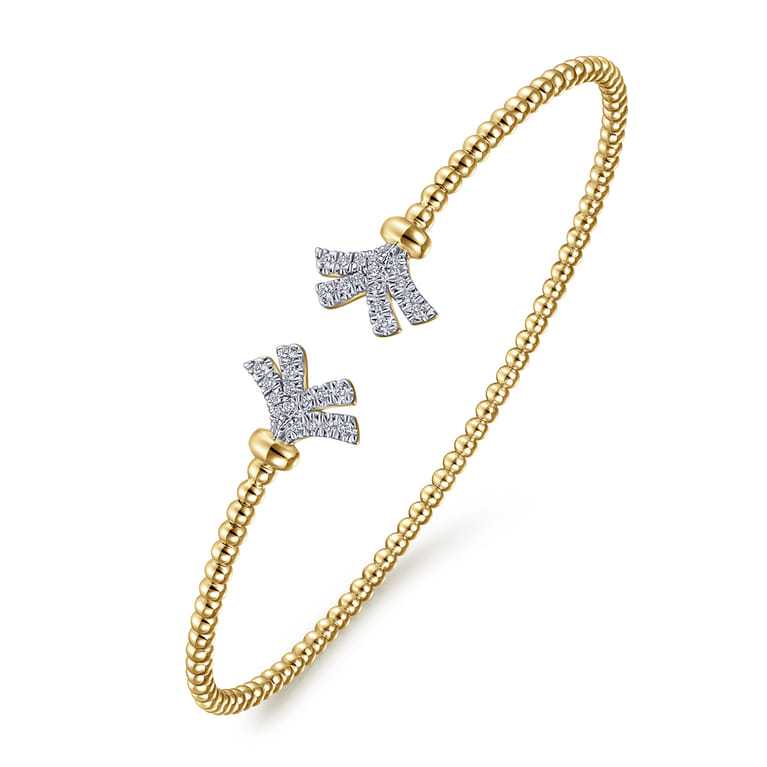 14K Yellow Gold Bujukan Split Cuff Bracelet with Diamond Pave Fan Caps - 0.2 ct - Shot 2
