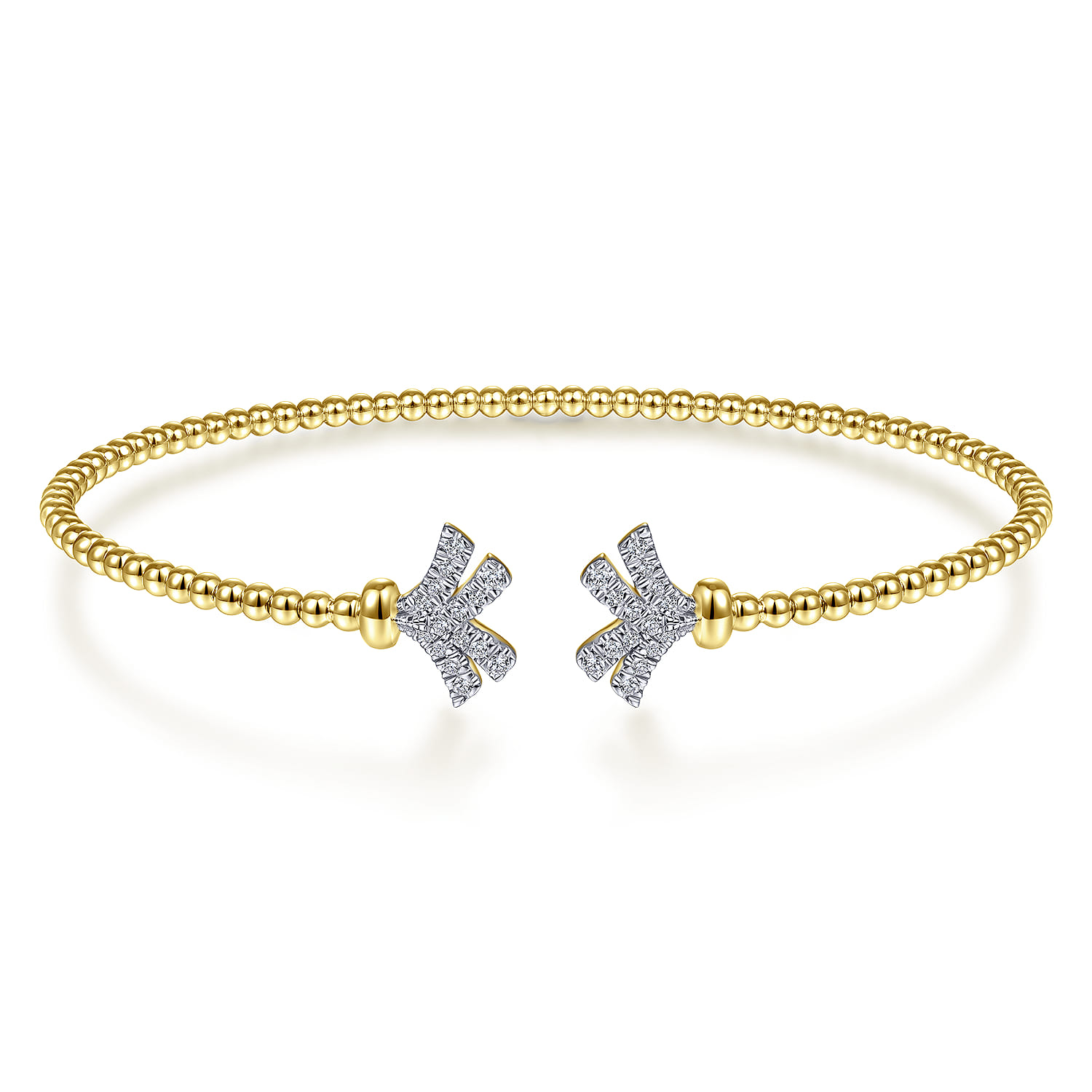 14K Yellow Gold Bujukan Split Cuff Bracelet with Diamond Pave Fan Caps - 0.2 ct - Shot 1