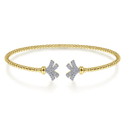 14K Yellow Gold Bujukan Split Cuff Bracelet with Diamond Pave Fan Caps