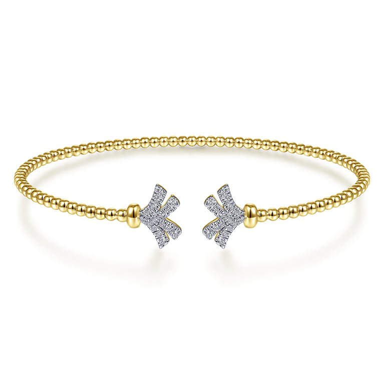 14K Yellow Gold Bujukan Split Cuff Bracelet with Diamond Pave Fan Caps - 0.2 ct - Shot 1