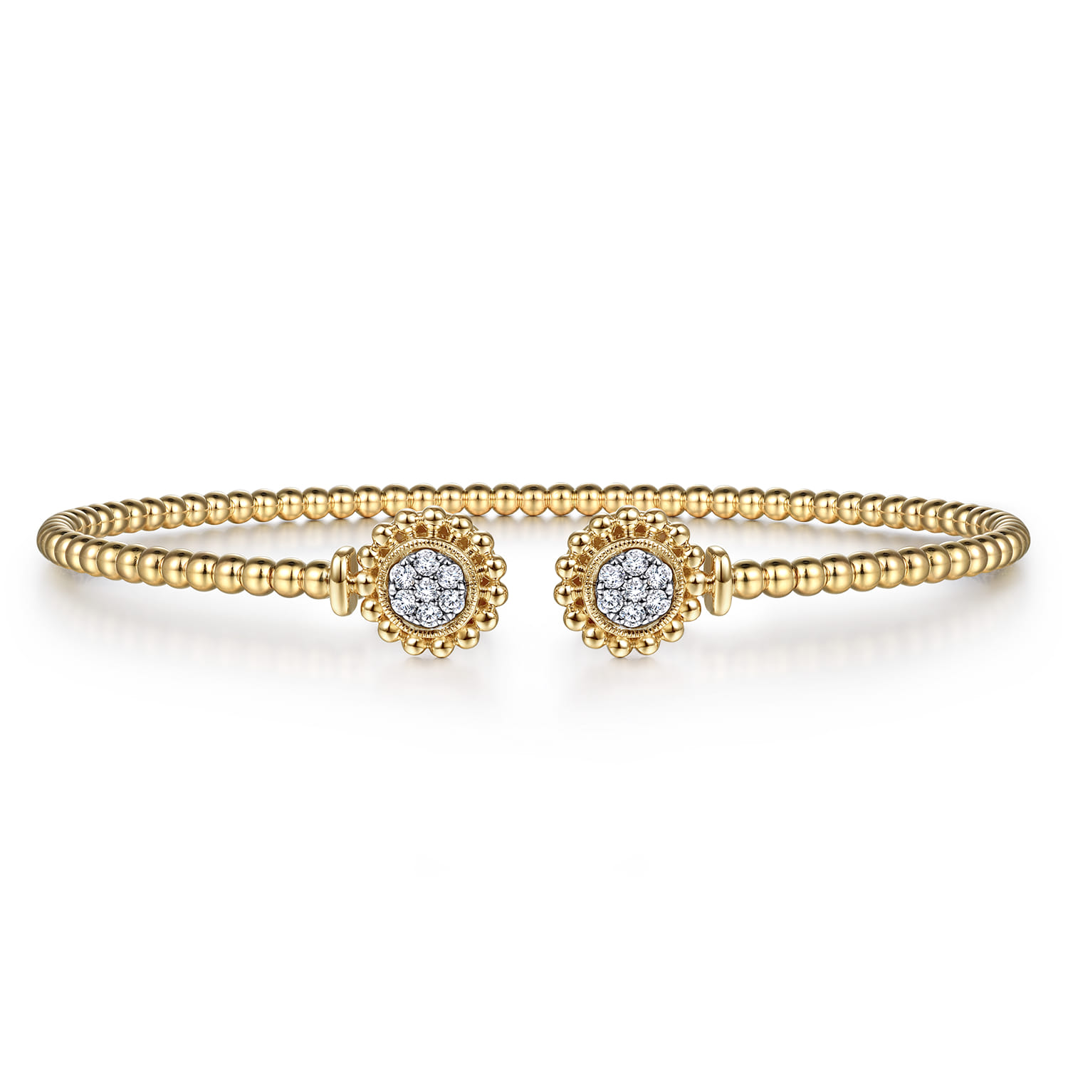 14K Yellow Gold Bujukan Split Cuff Bracelet with Diamond Pave Flower Caps - 0.18 ct - Shot 1