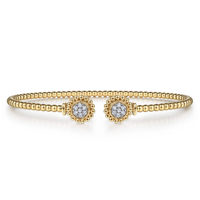 14K Yellow Gold Bujukan Split Cuff Bracelet with Diamond Pave Flower Caps - 0.18 ct - Shot 1