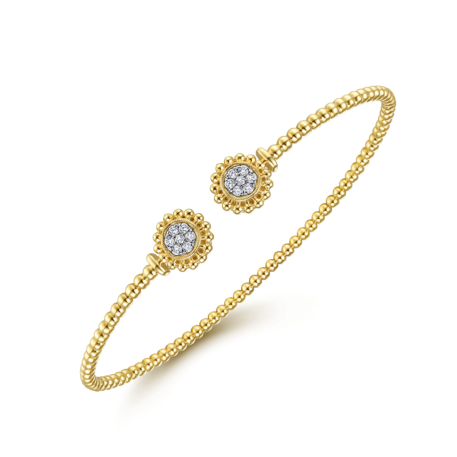14K Yellow Gold Bujukan Split Cuff Bracelet with Diamond Pave Flower Caps - 0.18 ct - Shot 2