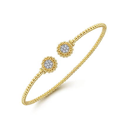 14K Yellow Gold Bujukan Split Cuff Bracelet with Diamond Pave Flower Caps